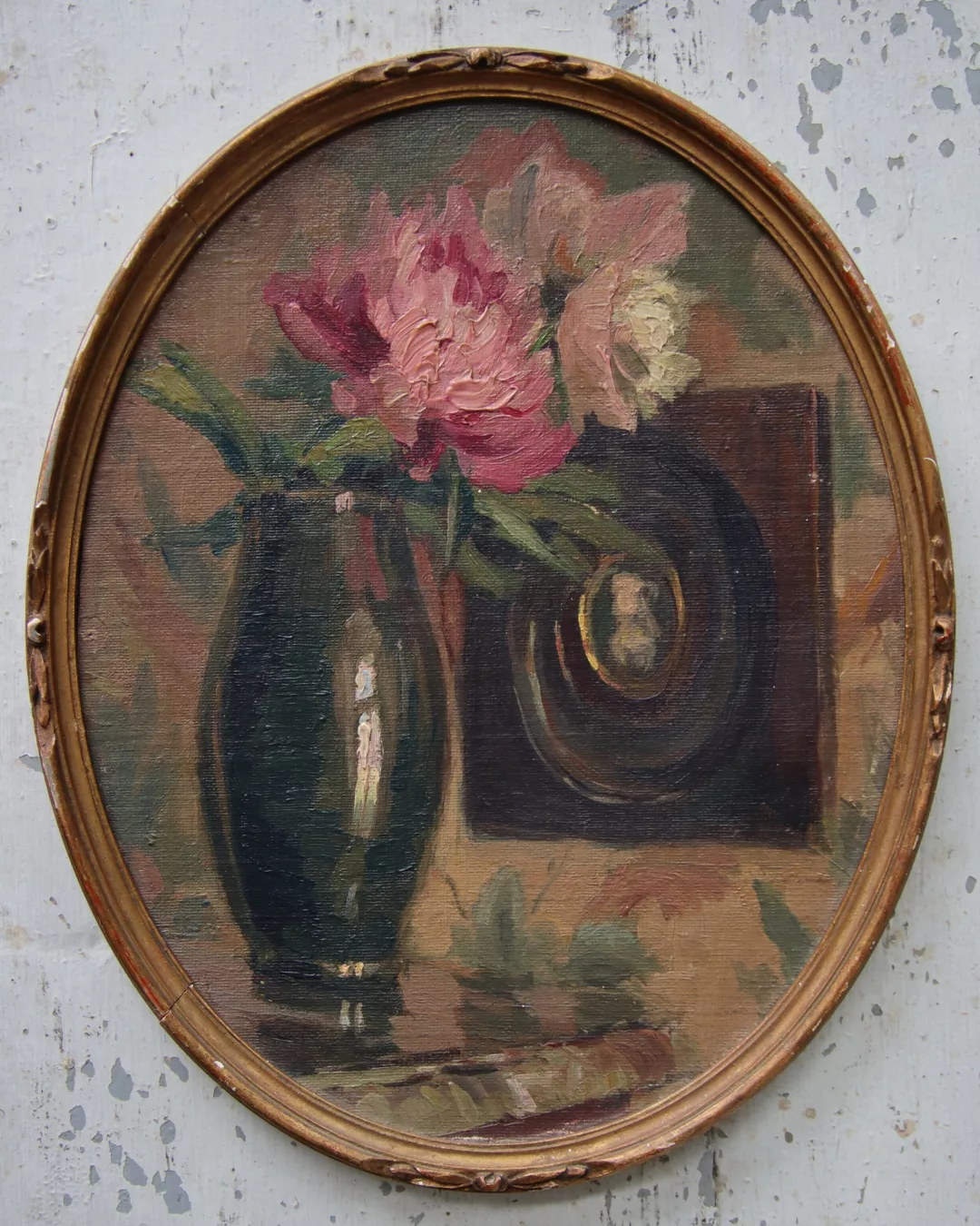 Huile sur toile ré-encoller sur carton " Pivoines"