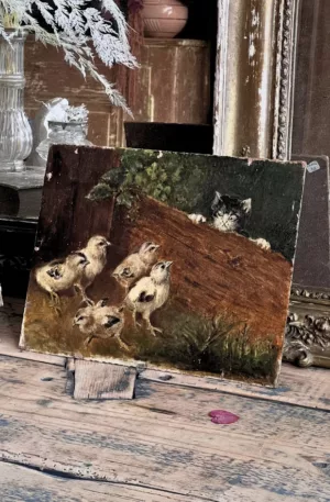 Huile sur panneau d'un chat espiègle